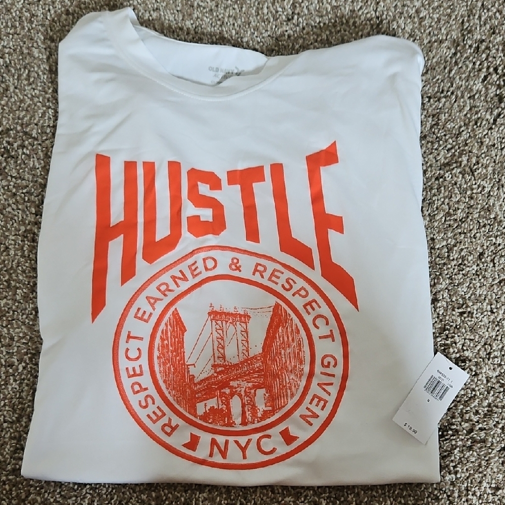 White T-Shirt with Red Hustle Graphic